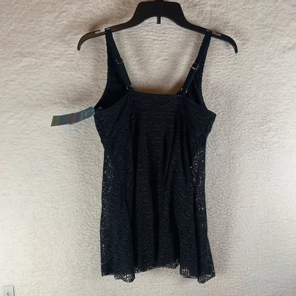 Swim Solutions Women's Tummy Control Flyaway Black Crochet Swimdress Size 10 NWT - Picture 6 of 11